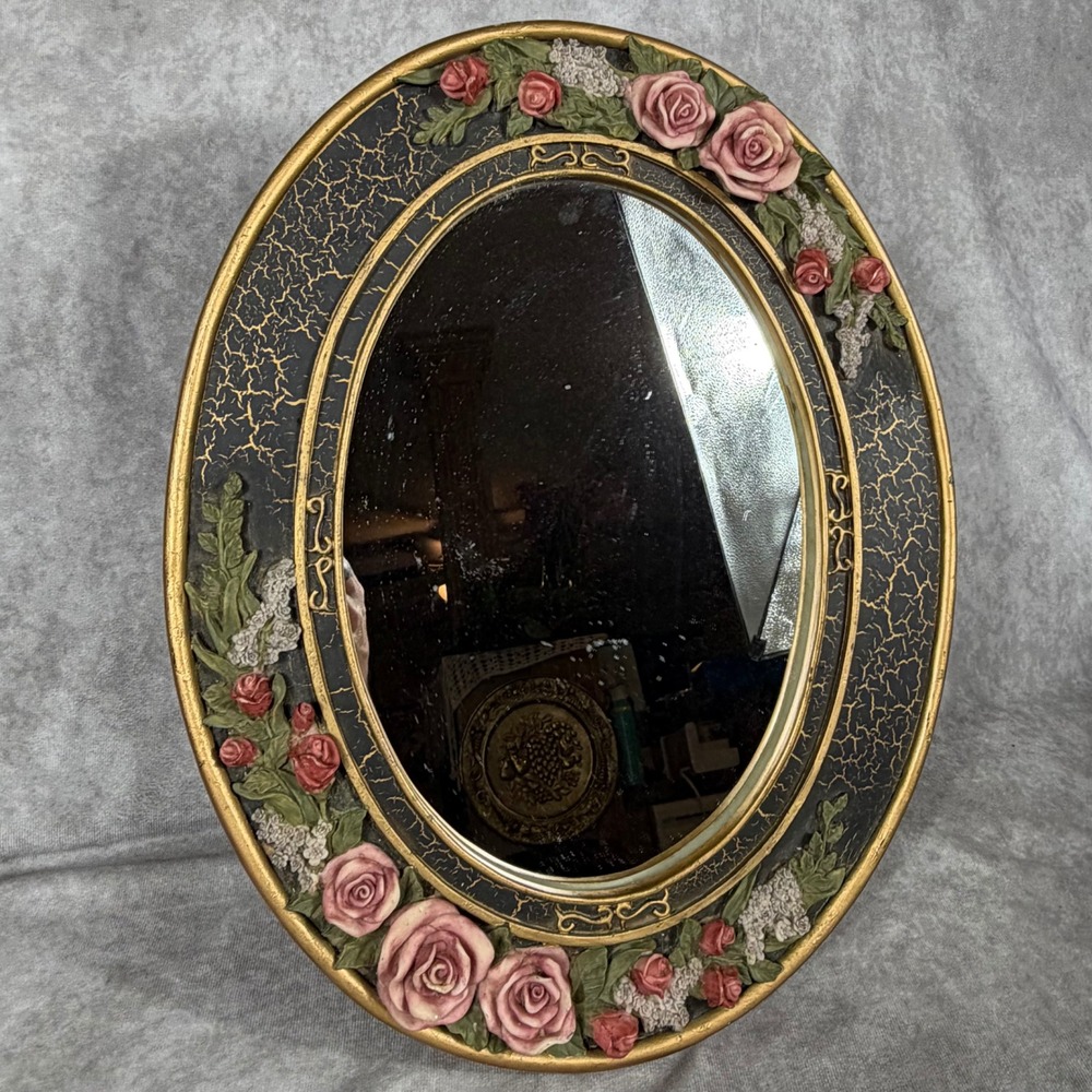 Vtg Ornate Oval Mirror Pink Roses Gold Crackle Frame Cottagecore Shabby Chic